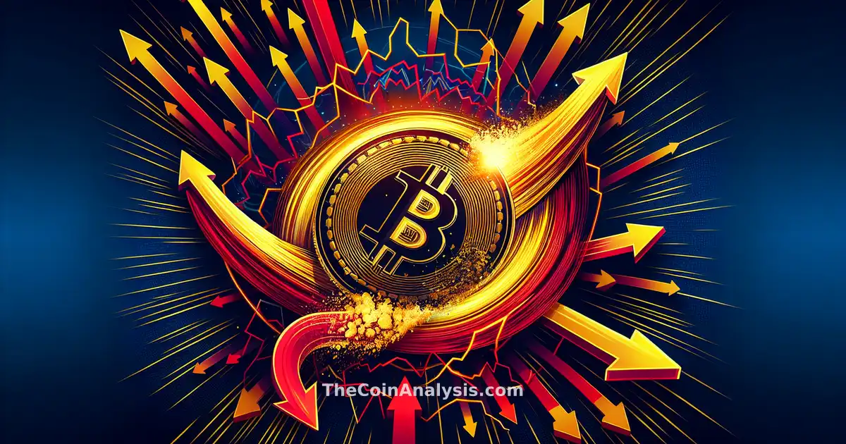 Graphique abstrait d’une pièce d’or Bitcoin s’effondrant avec des flèches rouges descendantes sur fond sombre.