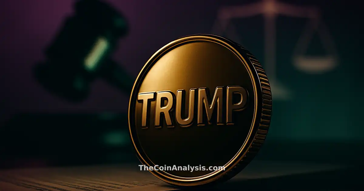 Pièce 3D brillante Trump en gros plan, silhouette de marteau et balances de justice abstraites en arrière-plan.