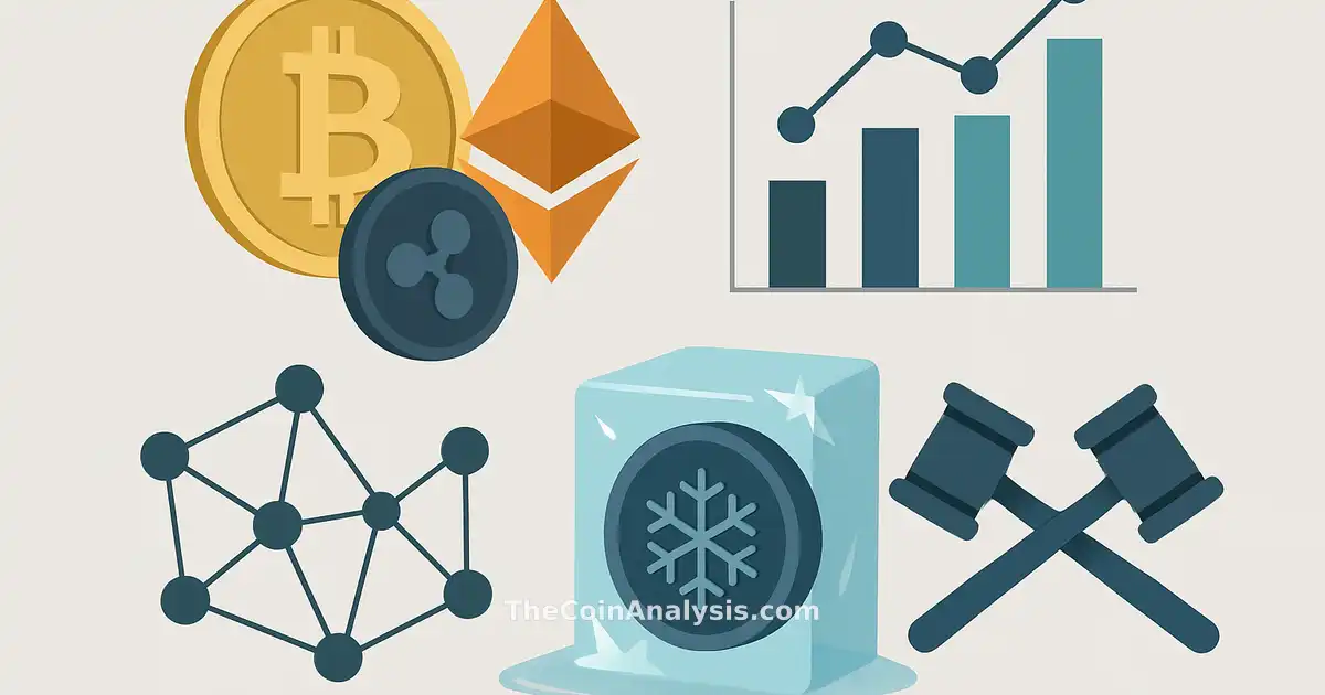 Illustration moderne montrant des pièces cryptos abstraites, graphiques de données, nœuds réseau et symbole de gel d'actifs.