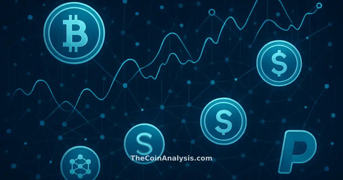 Réseau numérique de pièces crypto, graphiques dynamiques et nœuds de données illustrant systèmes de paiement.