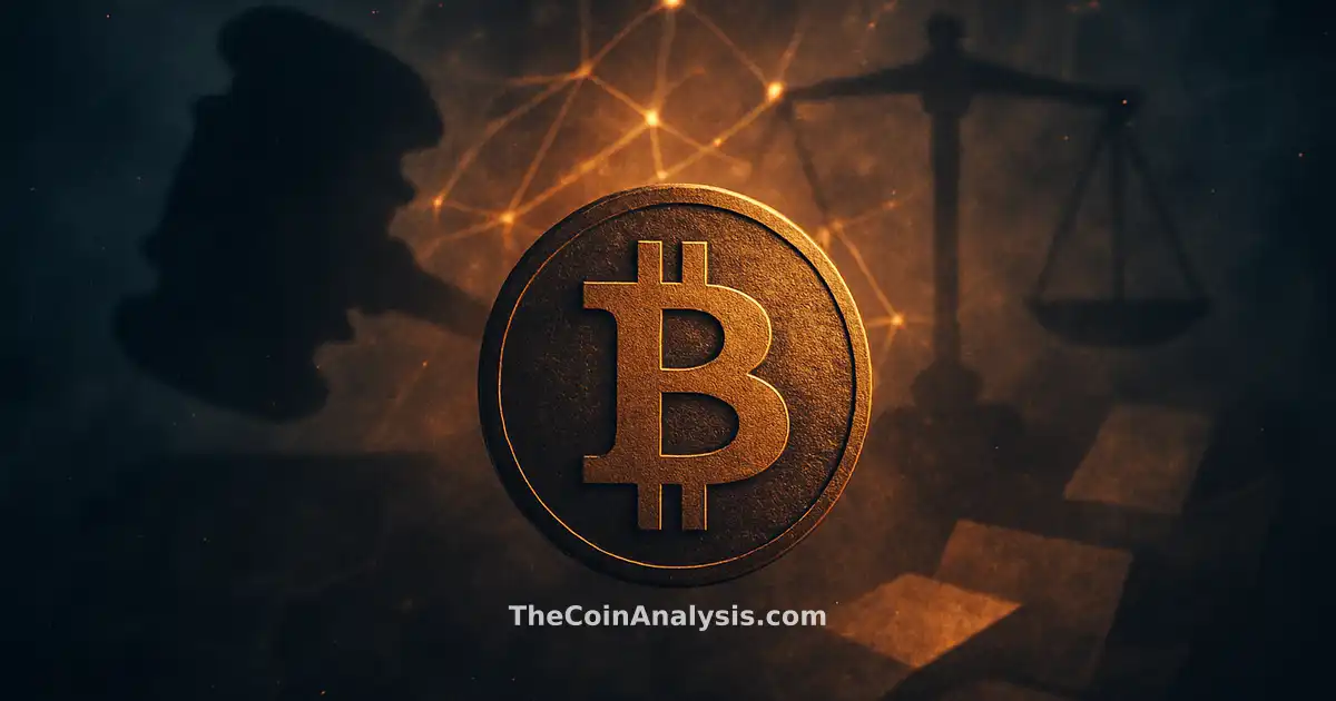 Symbole Bitcoin lumineux entouré d’un marteau, balances géométriques et documents fragmentés sur fond fumé.