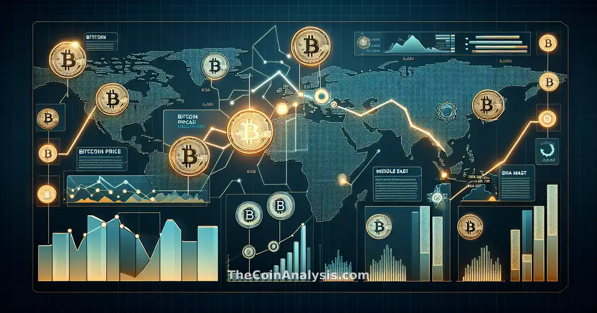 Infographie moderne montrant fluctuations du prix du Bitcoin, cartes du Moyen-Orient et symboles de cryptomonnaies.