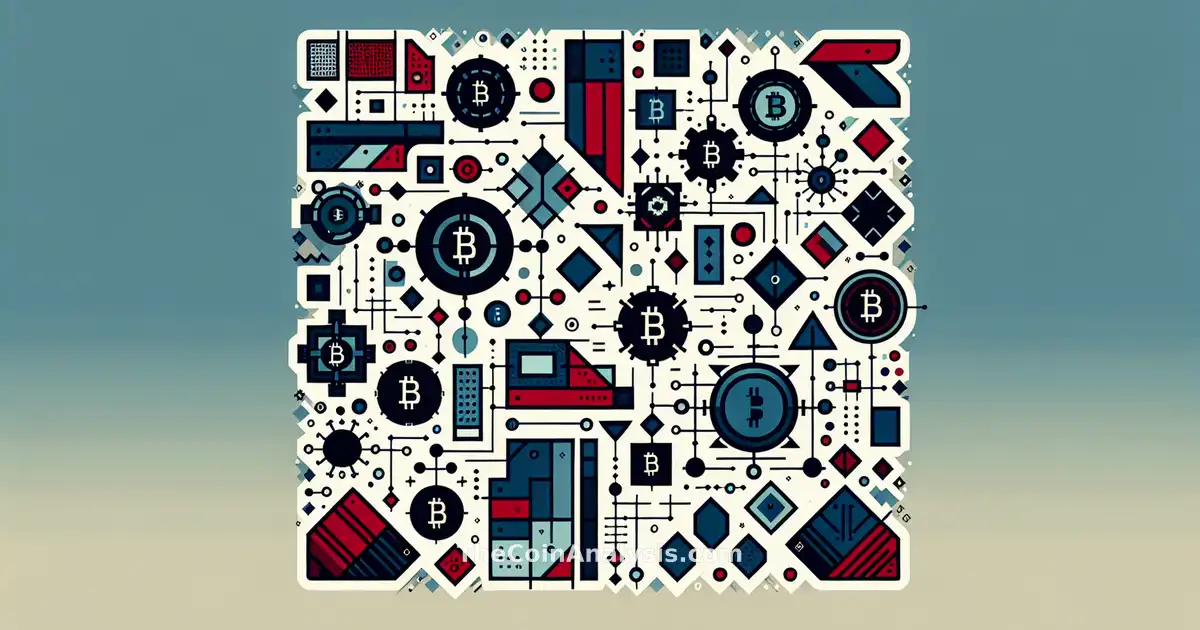 Formes géométriques abstraites en bleu et rouge avec pièces de monnaie fragmentées et symboles d’alerte numériques.
