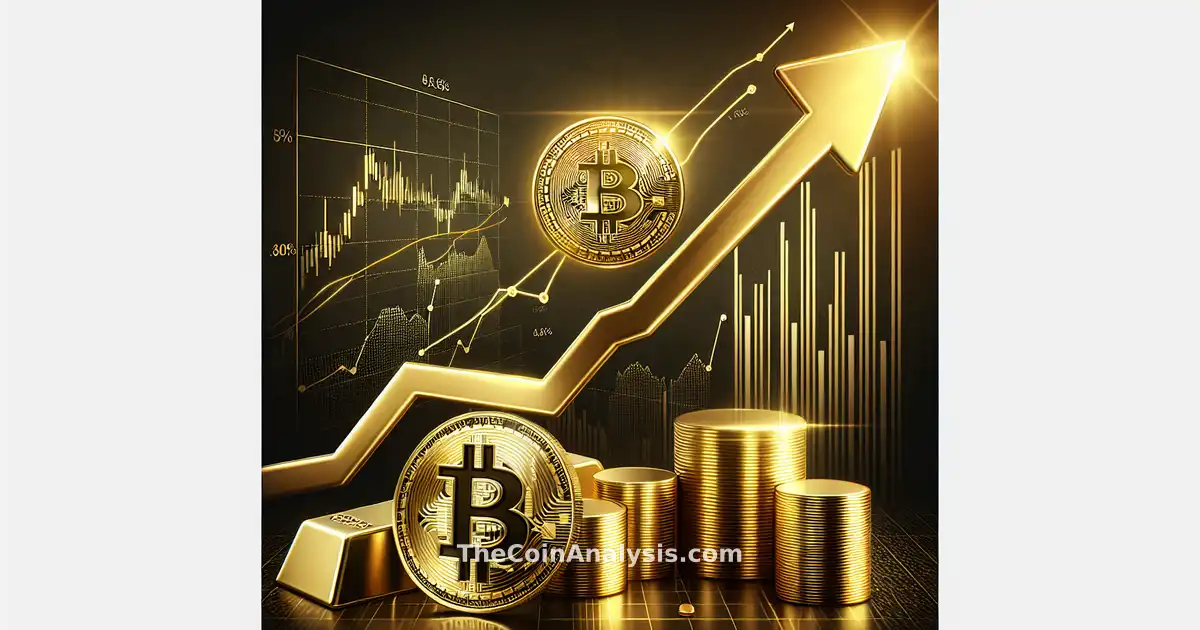 Illustration numérique d’un Bitcoin doré s’élevant au-dessus de graphiques boursiers stylisés et d’une barre d’or sur fond sombre.