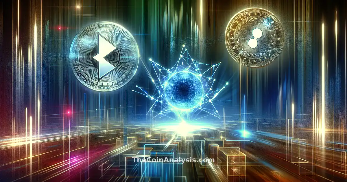 Formes abstraites dynamiques et motifs digitaux aux couleurs vives illustrant XRP, Algorand et Aptos face à une menace quantique.